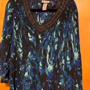 Catherine’s shades of blue, beaded neckline blouse